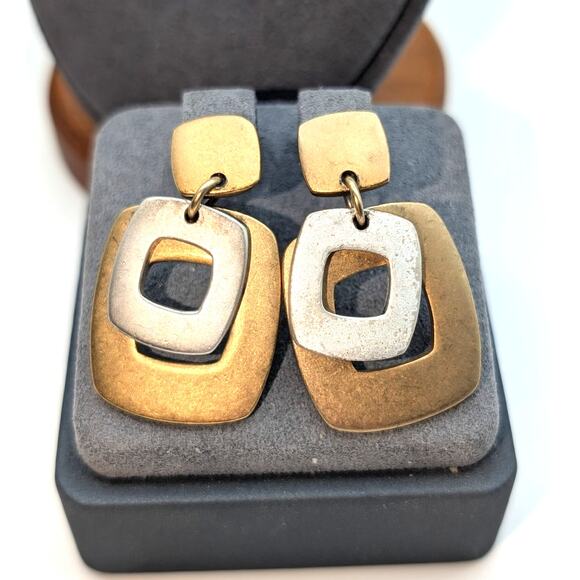 Premier Design Two Tone Square Drop Dangle Post Earrings - Picture 1 of 4